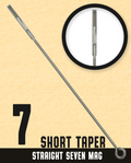 Metal rod labeled '7 Short Taper Straight Seven Mag' on a beige background